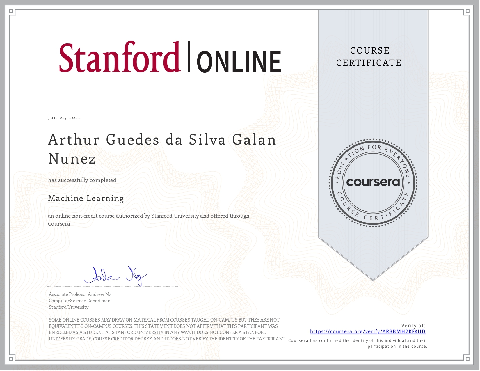 Imagem do certificado online de um curso de Stanford publicado no Coursera.